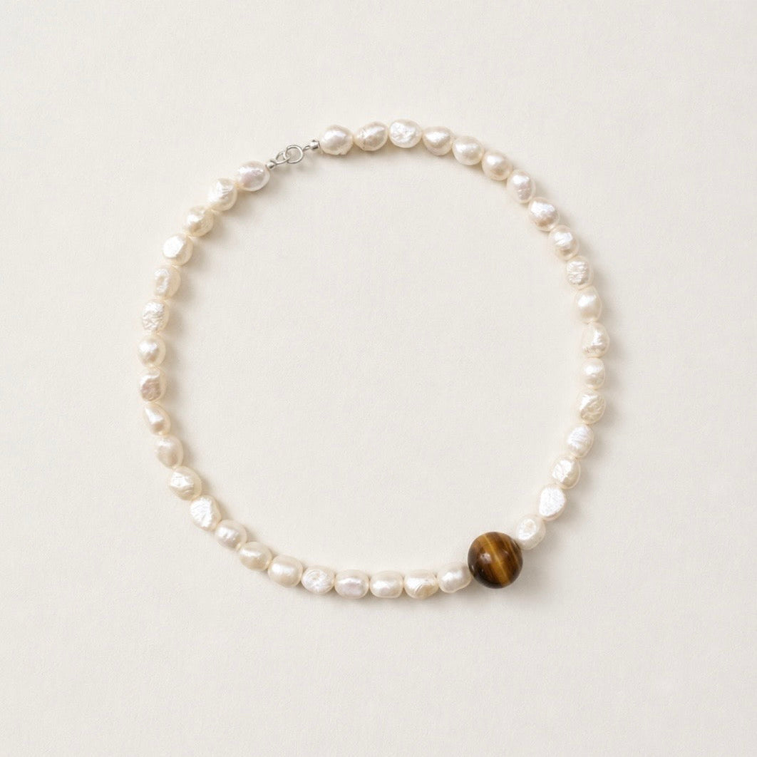 Stone & Pearl Collar — freshwater pearl and tiger's eye necklace with sterling silver hardware