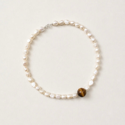 Stone & Pearl Collar — freshwater pearl and tiger's eye necklace with sterling silver hardware