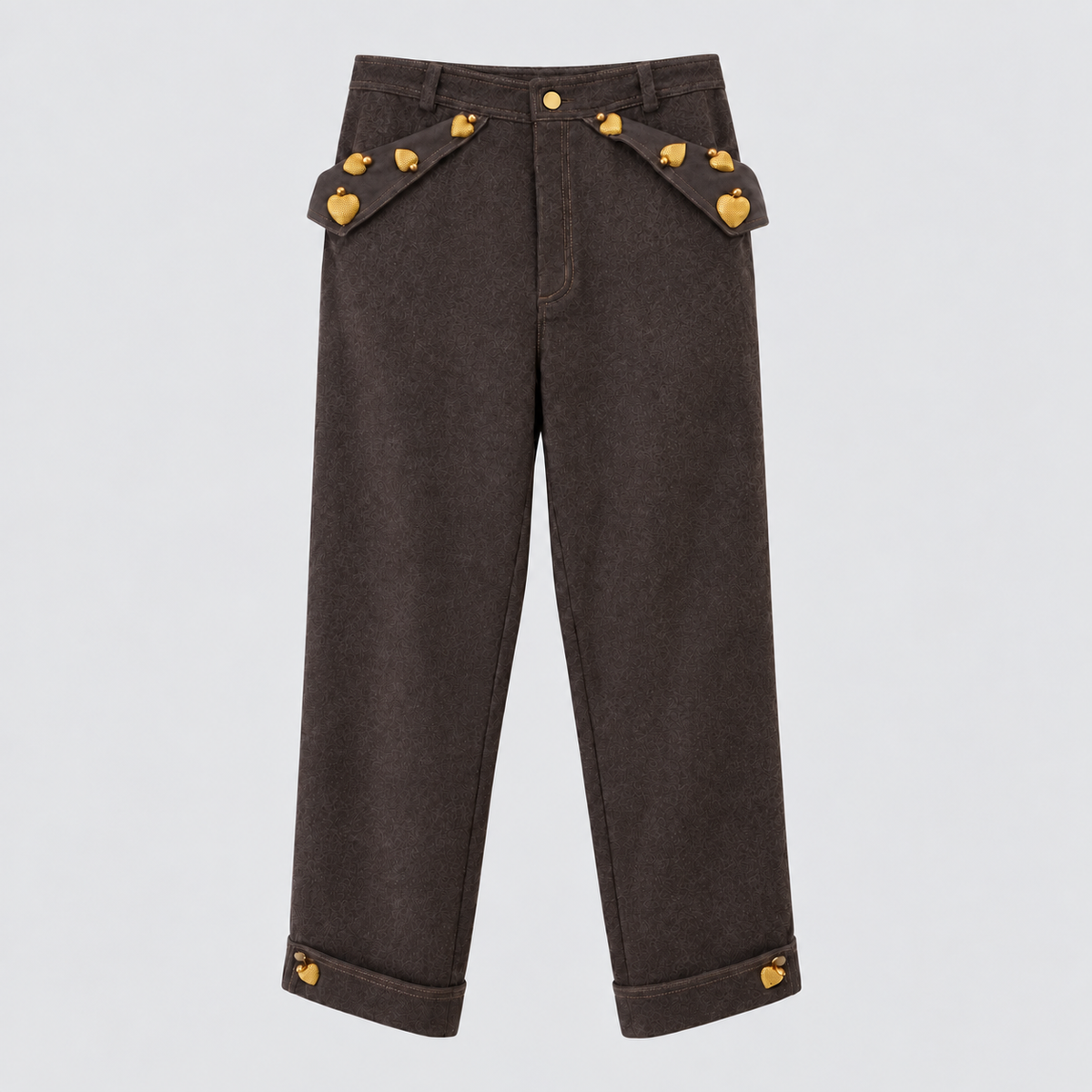 VINTAGE DARK BROWN TROUSERS WITH GOLD HEART POCKET FLAPS | SIZE 44